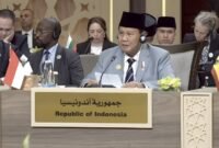 Menteri Pertahanan Prabowo Subianto dalam acara konferensi tingkat tinggi (KTT) “Call for Action: Urgent Humanitarian Response for Gaza” di Yordania. (Dok. Tim Media Prabowo Subianto)
