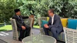 Presiden Serbia Aleksandar Vucic dan Presiden RI terpilih Prabowo Subianto dalam pertemuan persahabatan antar dua negara, Senin (29/7/2024). (Dok. Tim Media Prabowo Subianto)