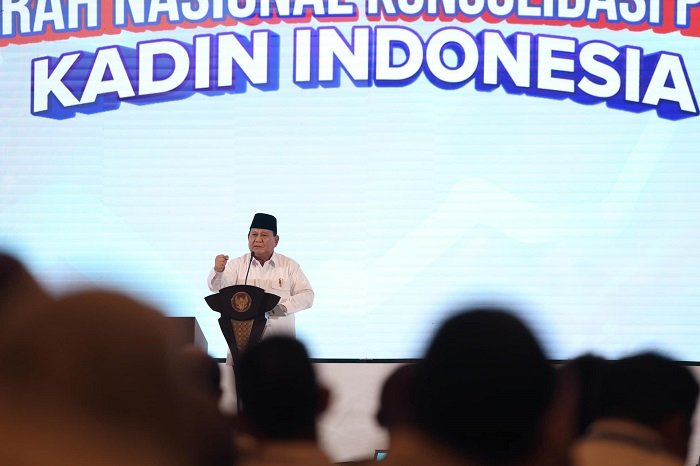 Presiden RI Prabowo Subianto menghadiri Musyawarah Nasional (Munas) konsolidasi persatuan Kamar Dagang dan Industri (Kadin) Indonesia. (Facebook.com @Setkab RI)